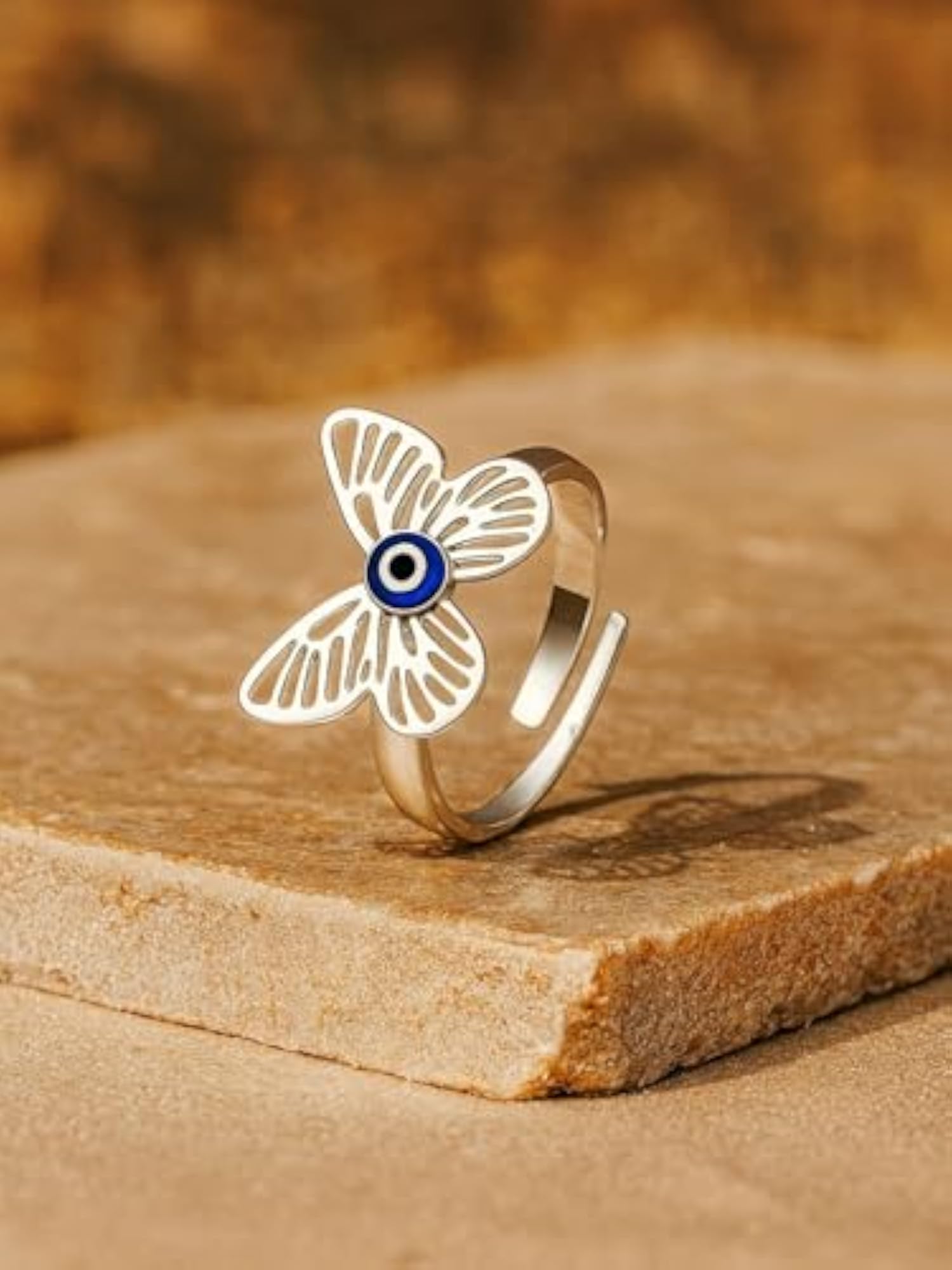 Silver-Plated Evil Eye Adjustable Finger Ring